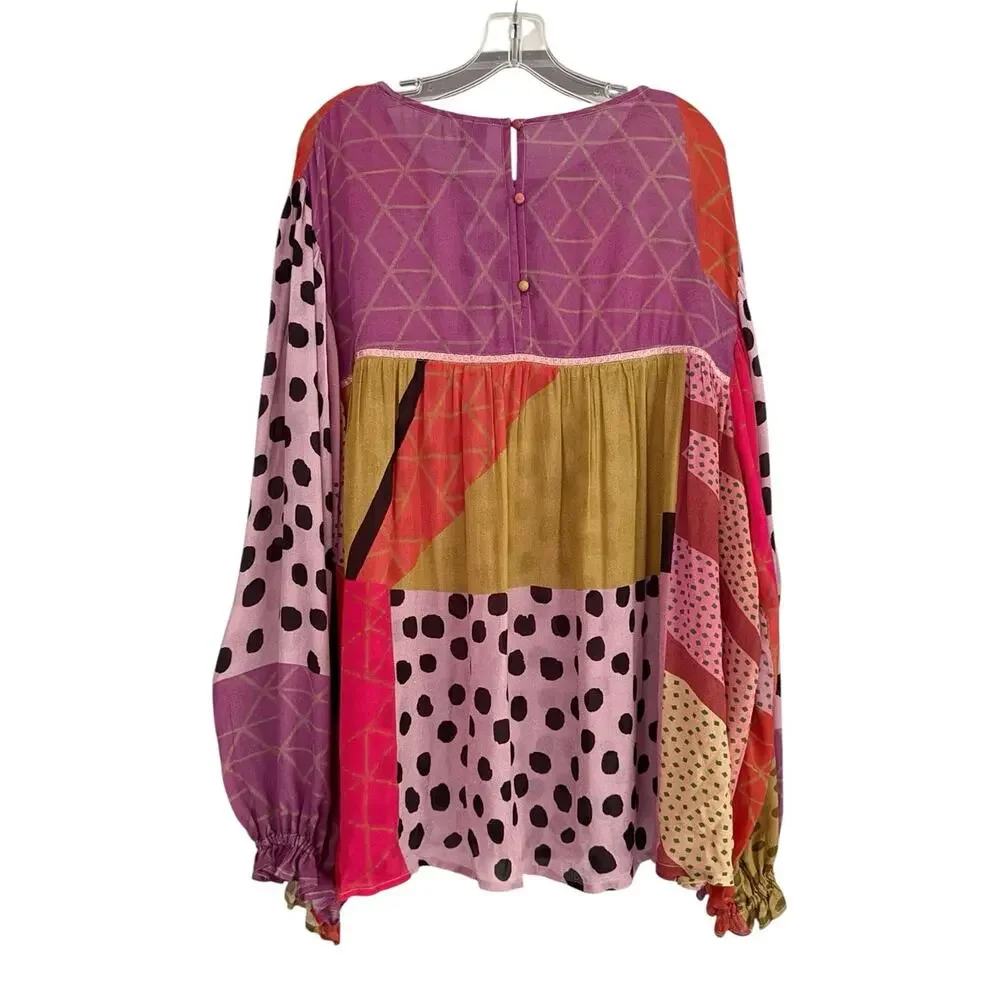 Anthropologie BL^nk Miranda Patchwork Peasant Blouse 3X Boho Mixed Print Top - Picture 10 of 10